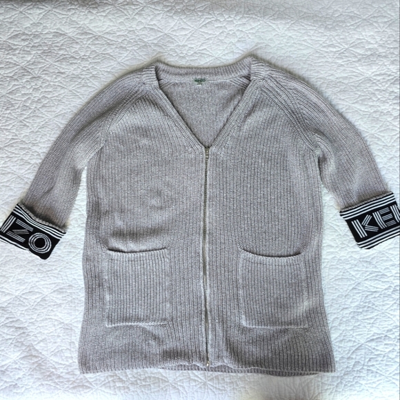 KENZO Knit Zippered V-neck Cardigan Logo Printed Cuff Cotton Wool Blend - Gray - Picture 1 of 16